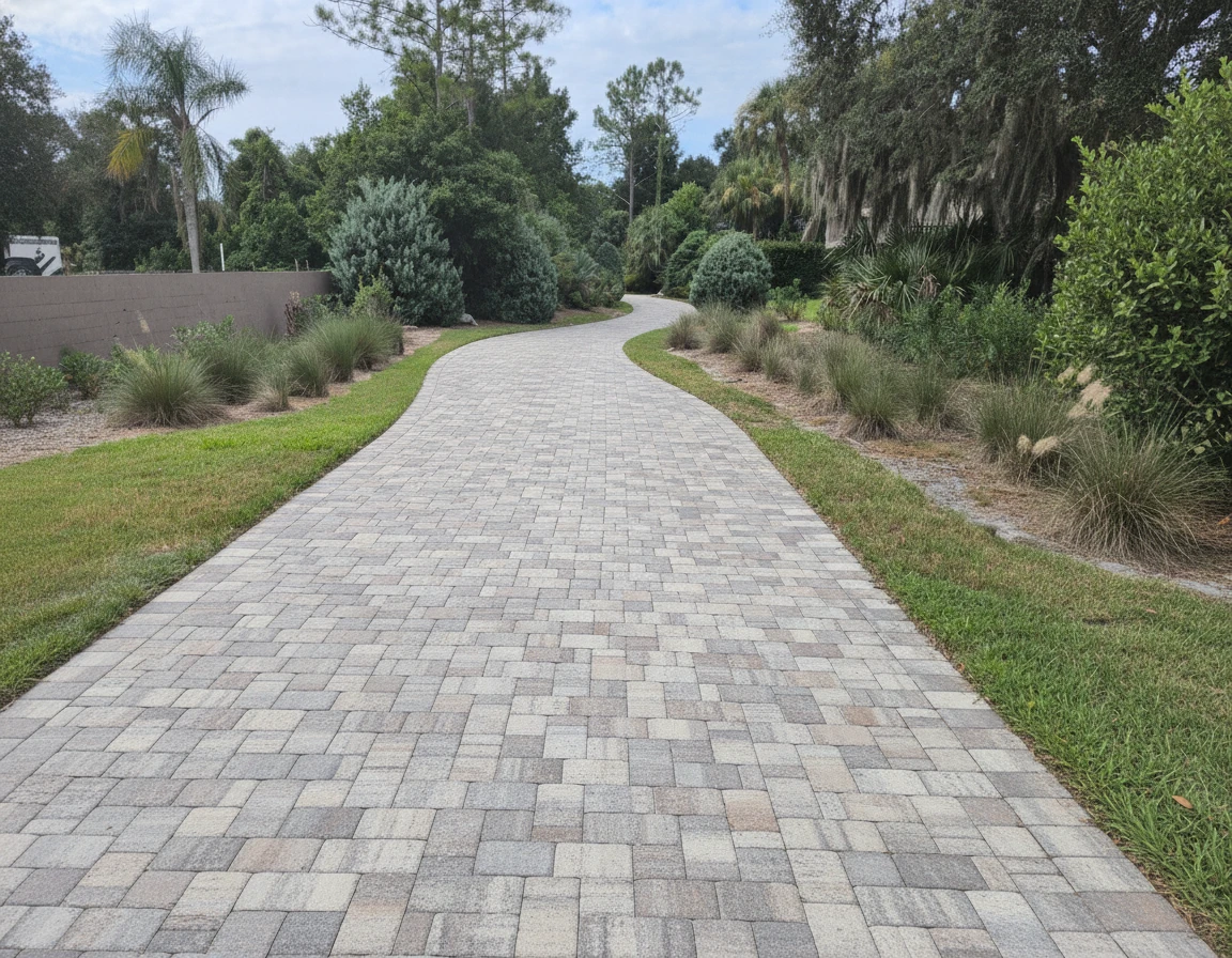 Long curving paver pathway through mature Florida landscaping