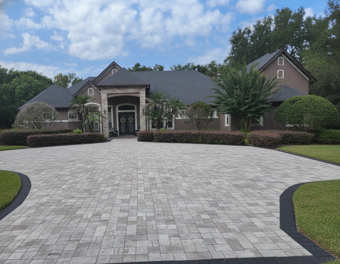 Wide paver driveway with a dark border sweeping up to a Florida home